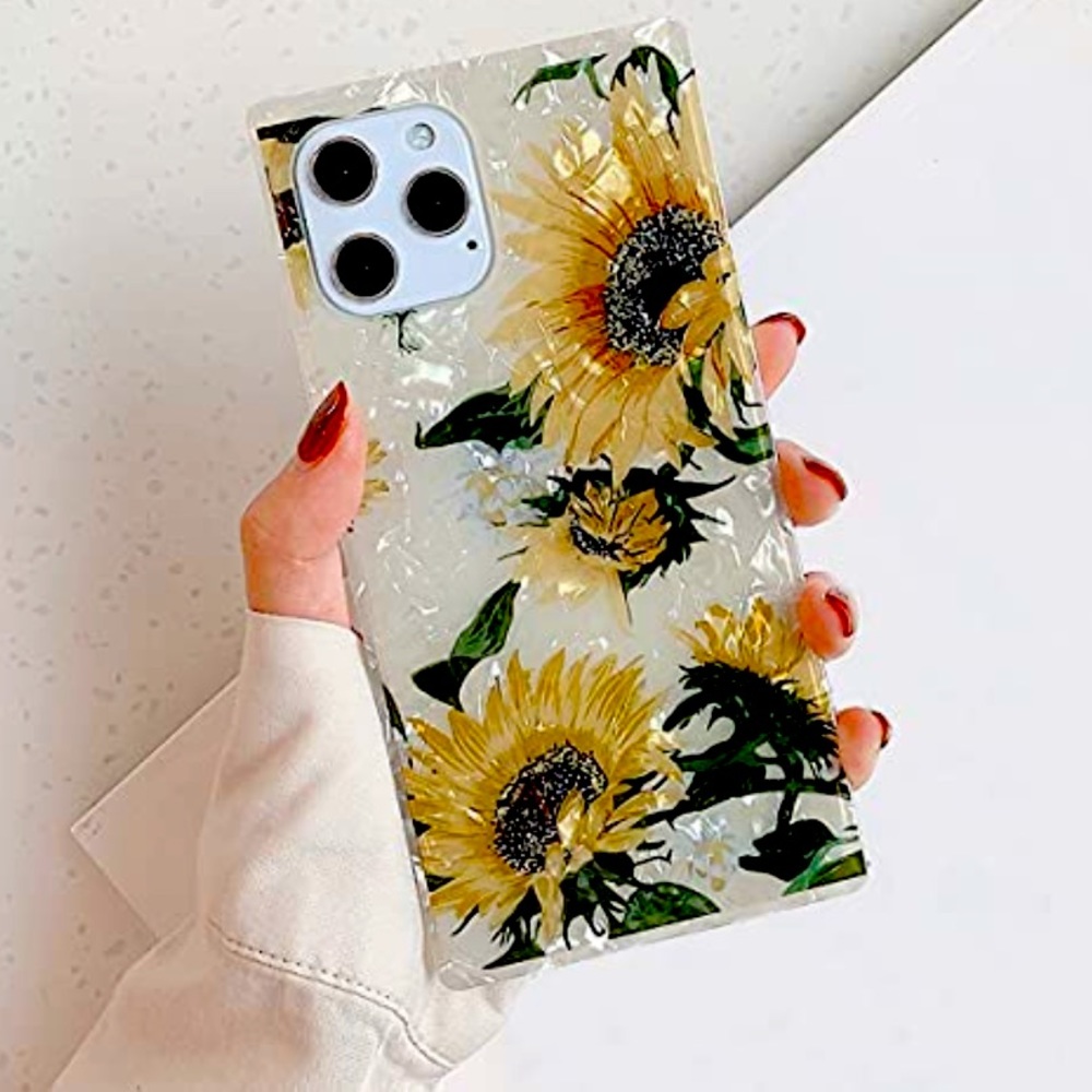 12 Pro Max Square Marble Case Luxury Sunflower Slim Soft